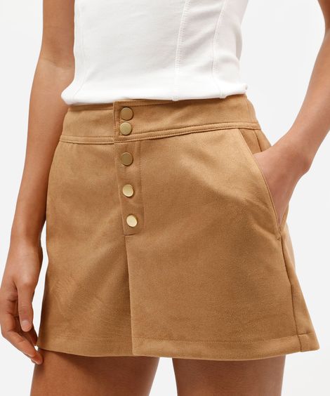 short feminino de suede cintura alta marrom