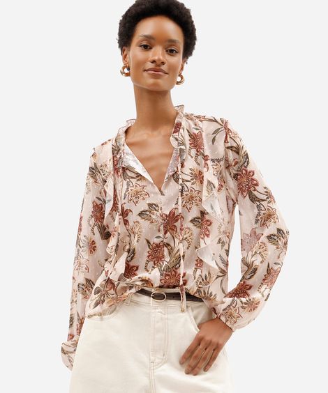 bata feminina manga longa com babados floral bege