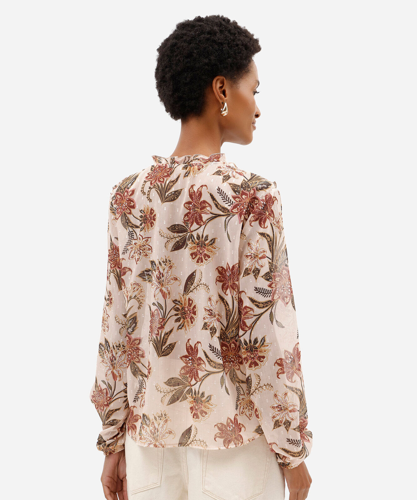 bata feminina manga longa com babados floral bege