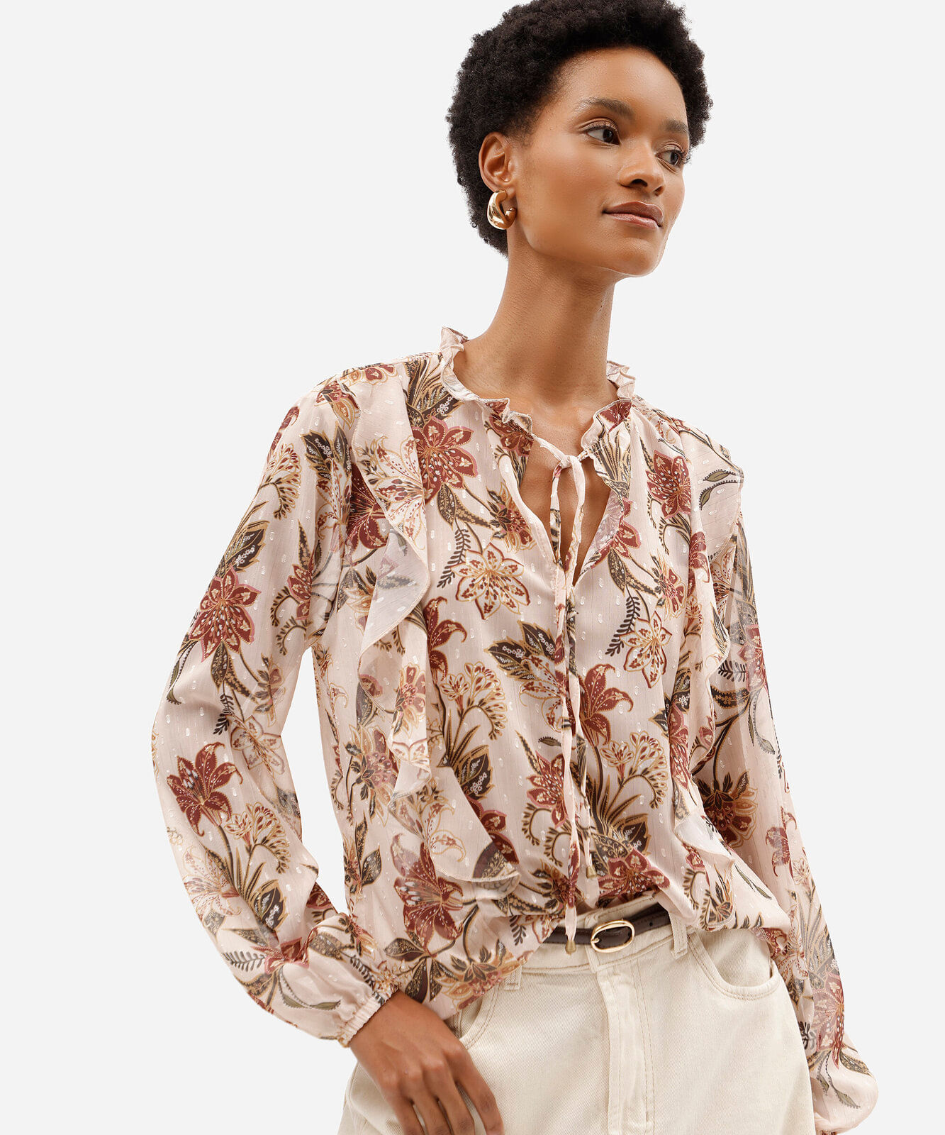 bata feminina manga longa com babados floral bege