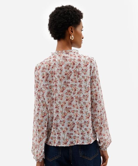 bata feminina de chiffon manga longa floral azul