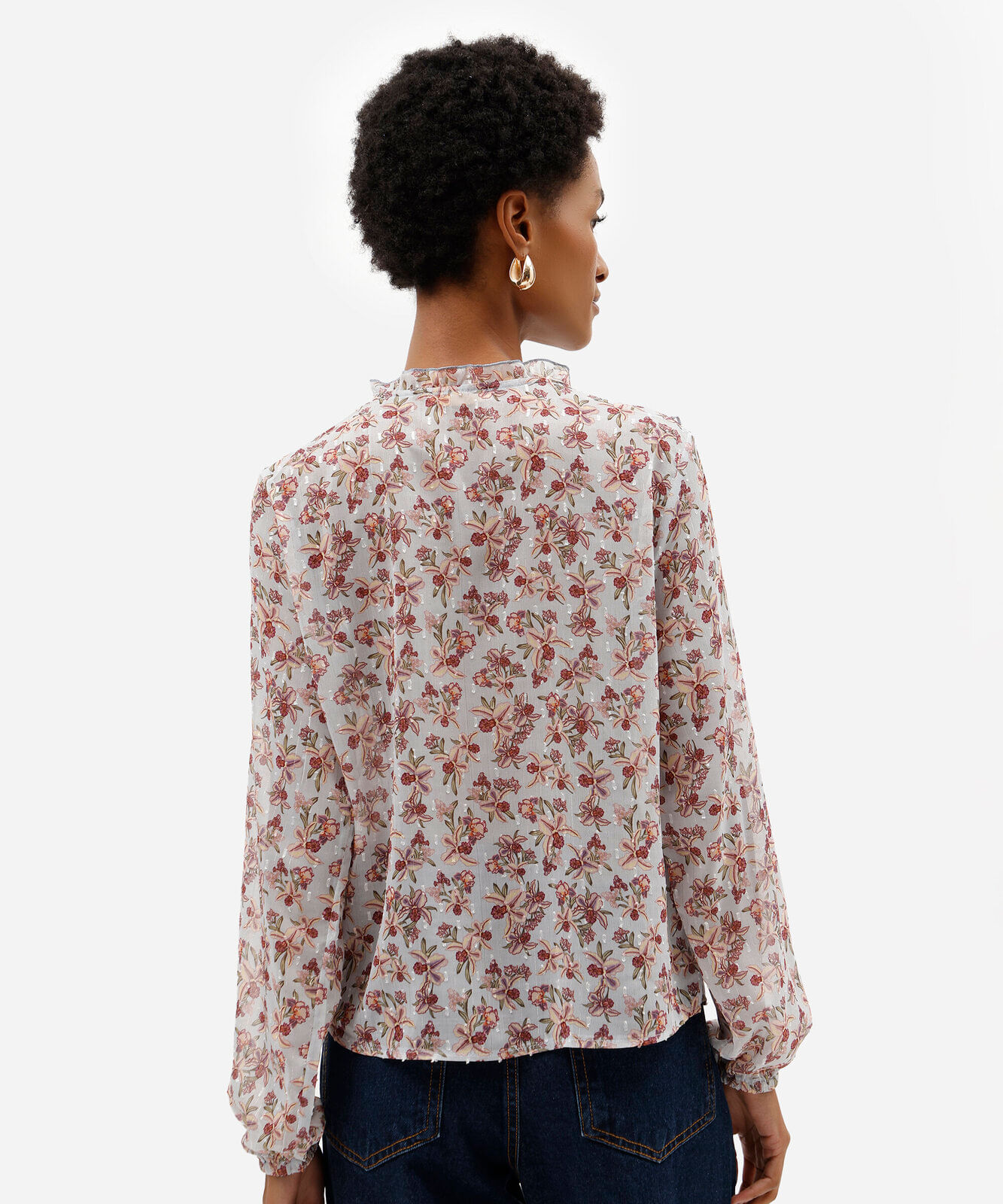 bata feminina de chiffon manga longa floral azul