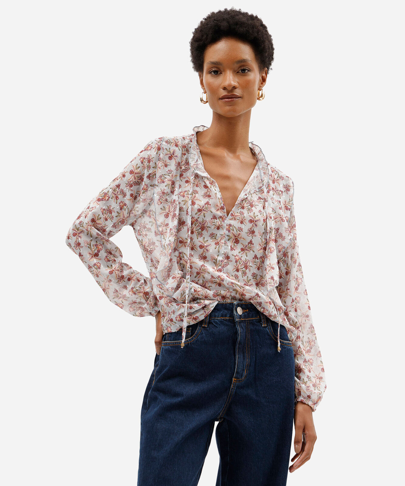 bata feminina de chiffon manga longa floral azul