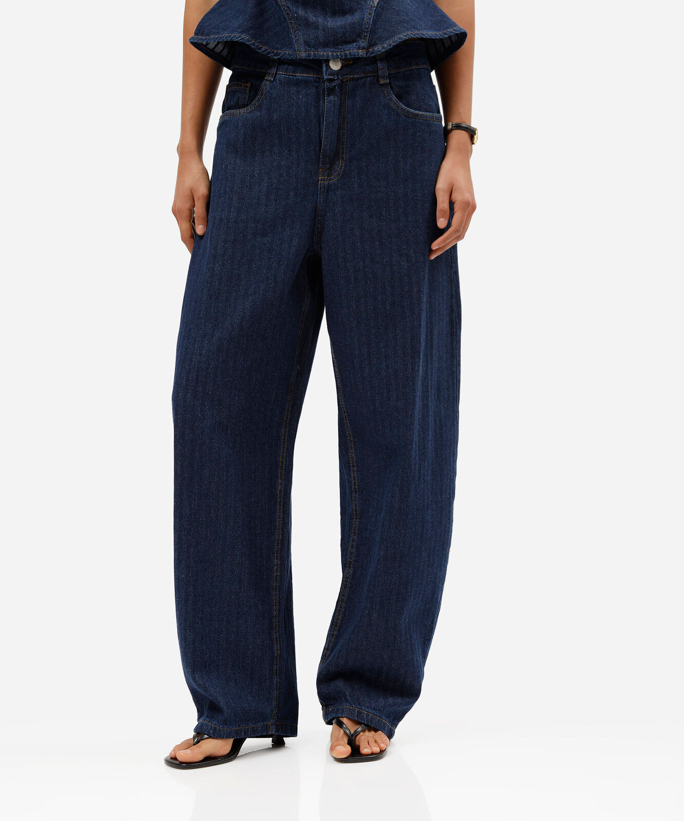 calça balloon feminina jeans cintura alta listrada azul