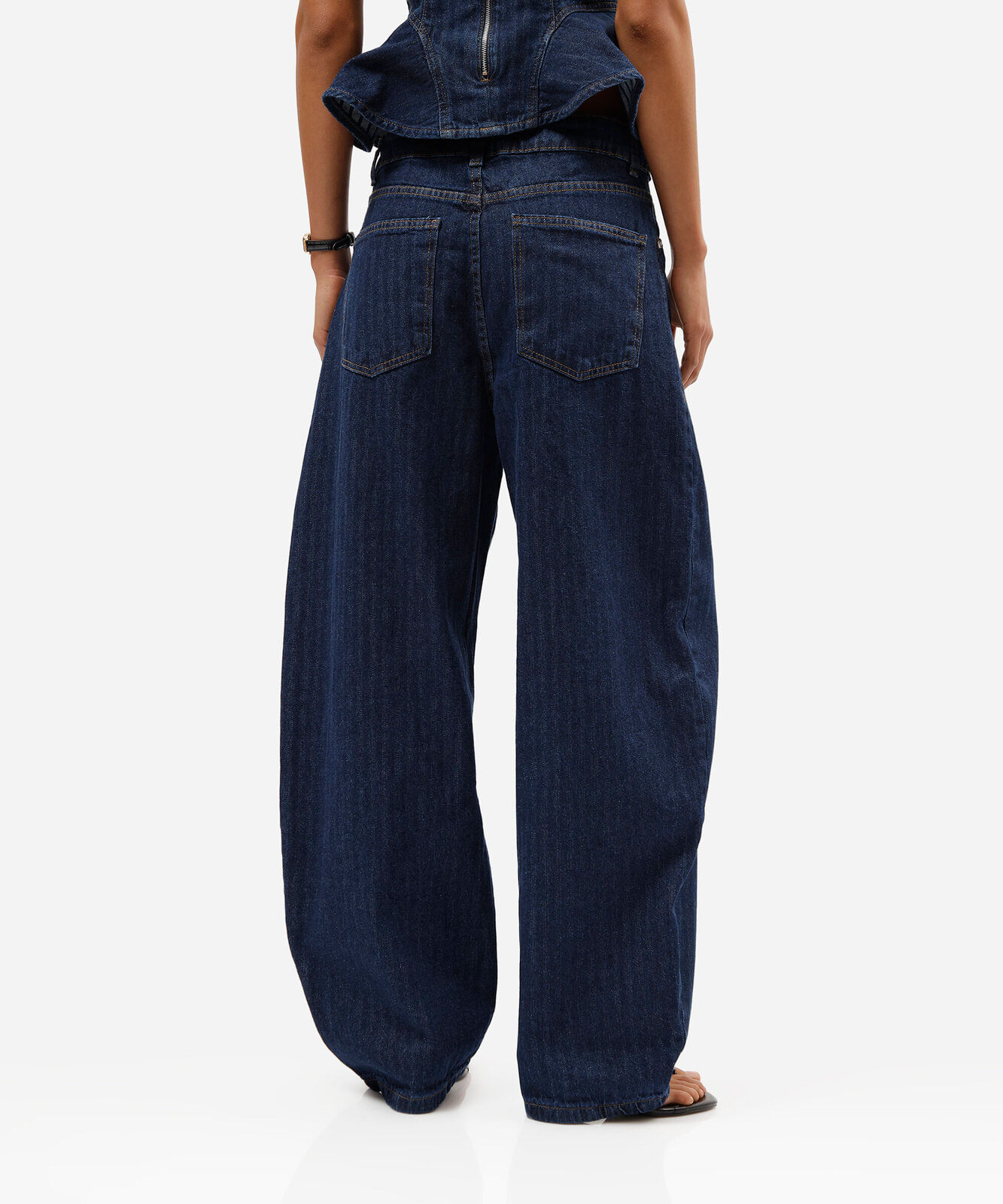 calça balloon feminina jeans cintura alta listrada azul