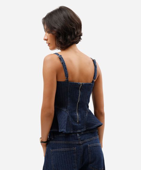 blusa peplum alça fina feminina jeans listrada azul