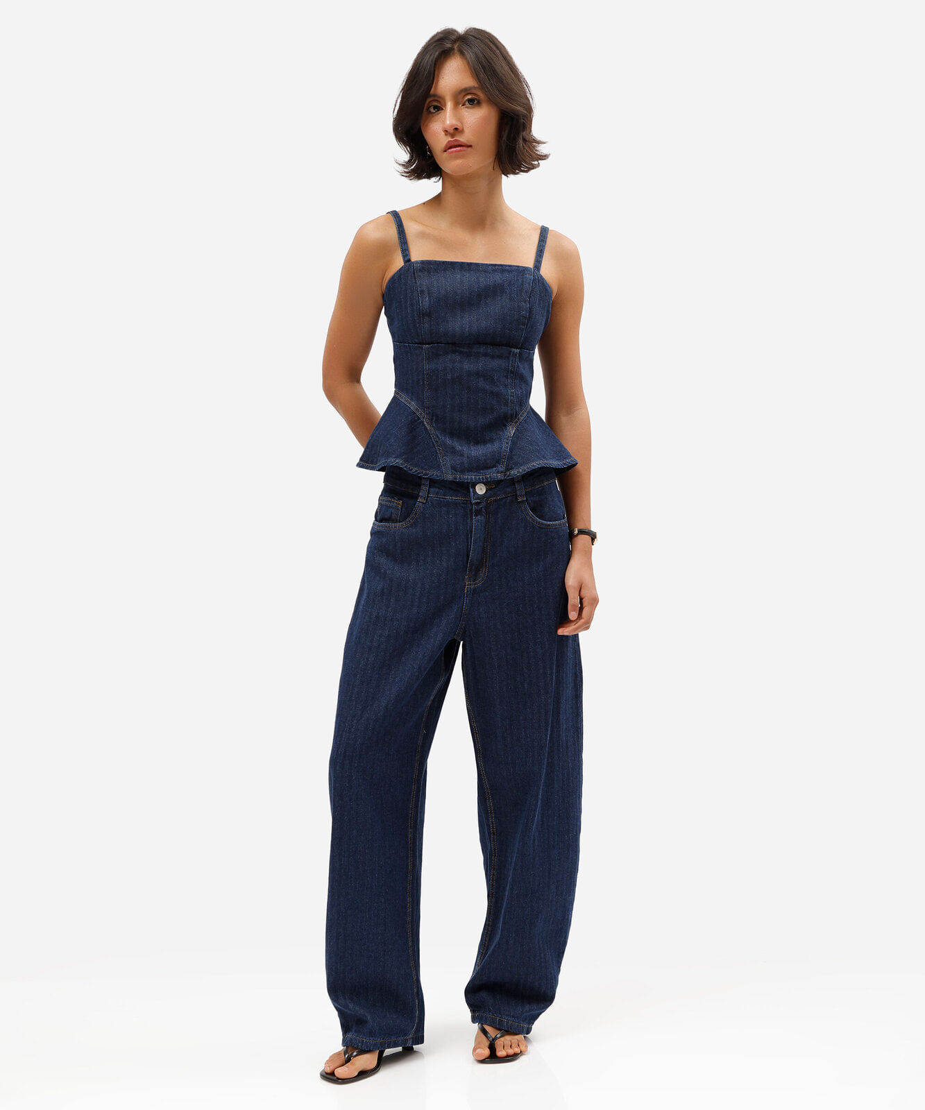 blusa peplum alça fina feminina jeans listrada azul