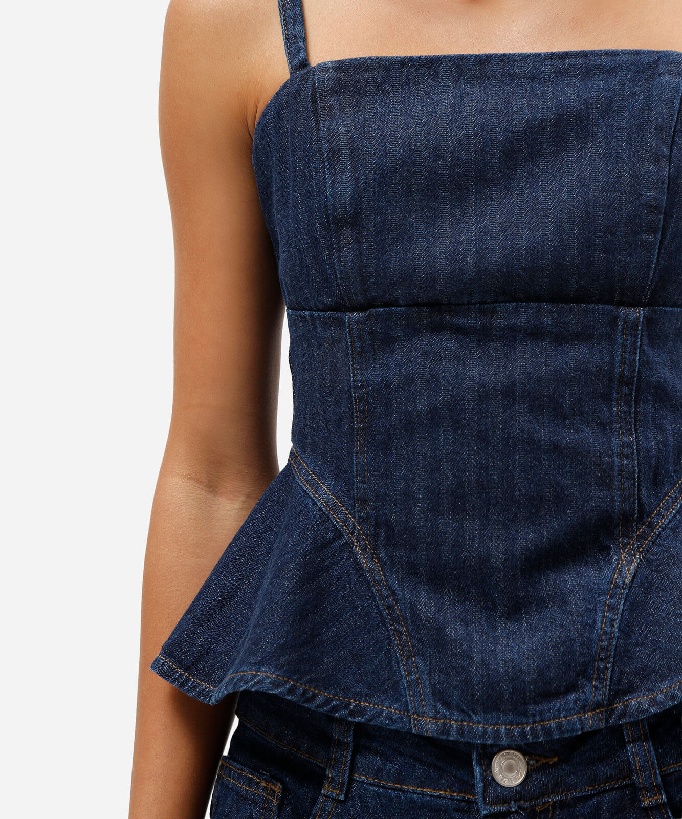 blusa peplum alça fina feminina jeans listrada azul
