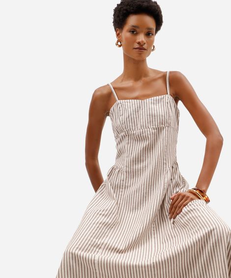 vestido midi alça fina feminino de sarja listrado bege