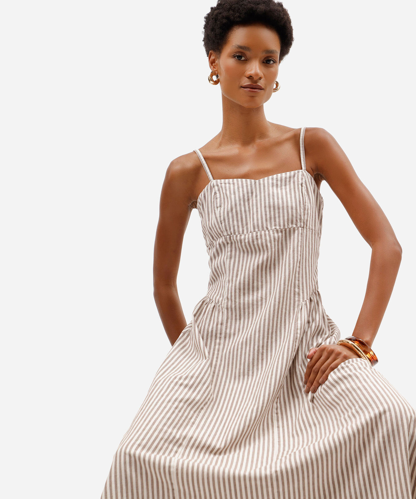 vestido midi alça fina feminino de sarja listrado bege