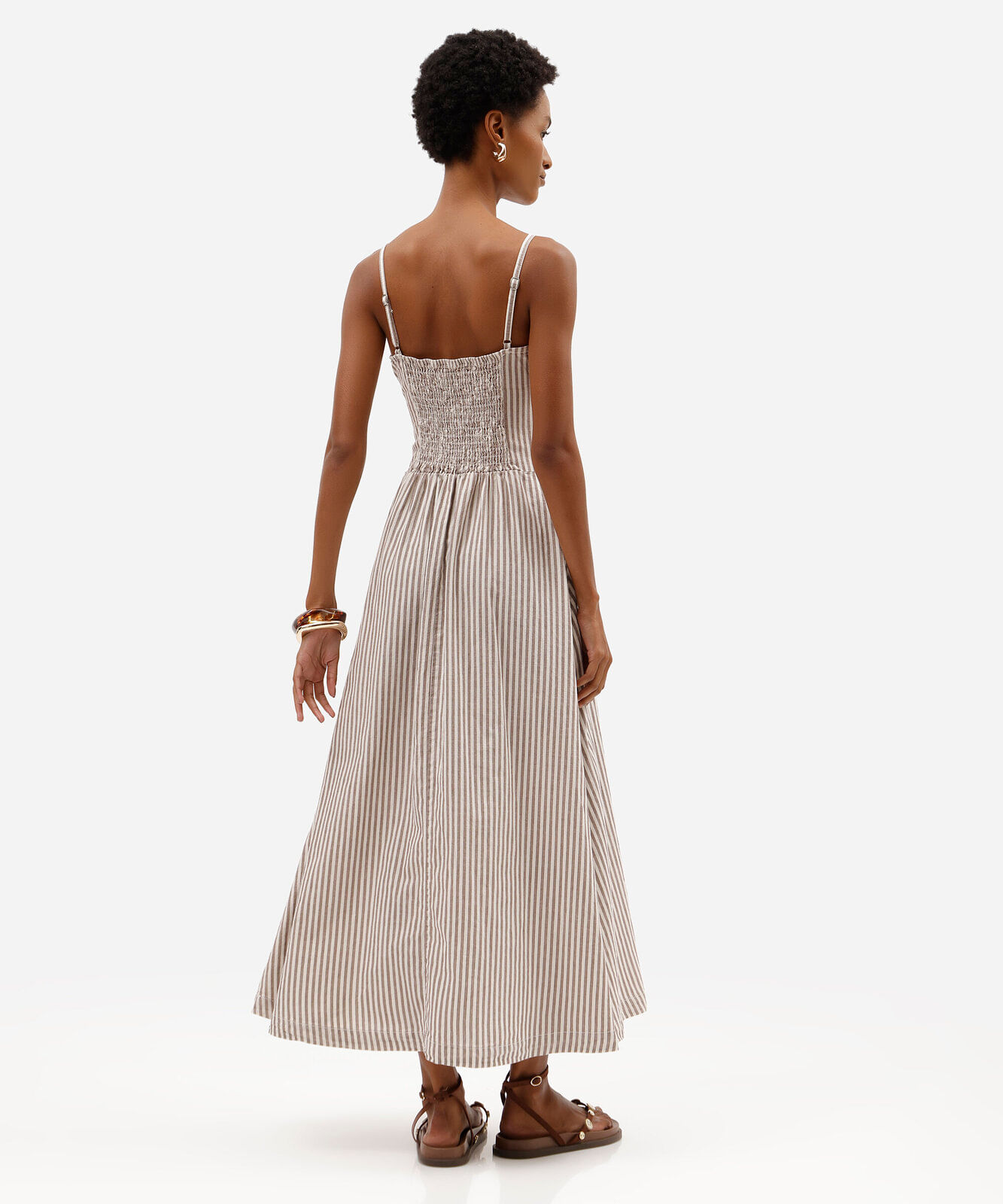 vestido midi alça fina feminino de sarja listrado bege