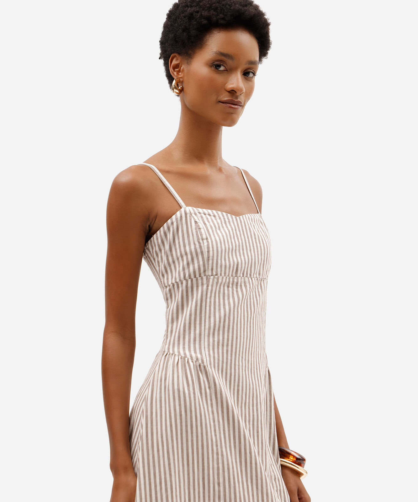 vestido midi alça fina feminino de sarja listrado bege