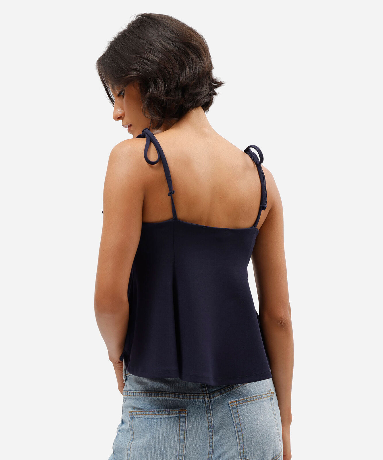 regata peplum feminina com recortes e amarração azul