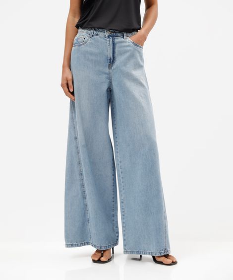 calça super wide leg feminina jeans cintura média azul