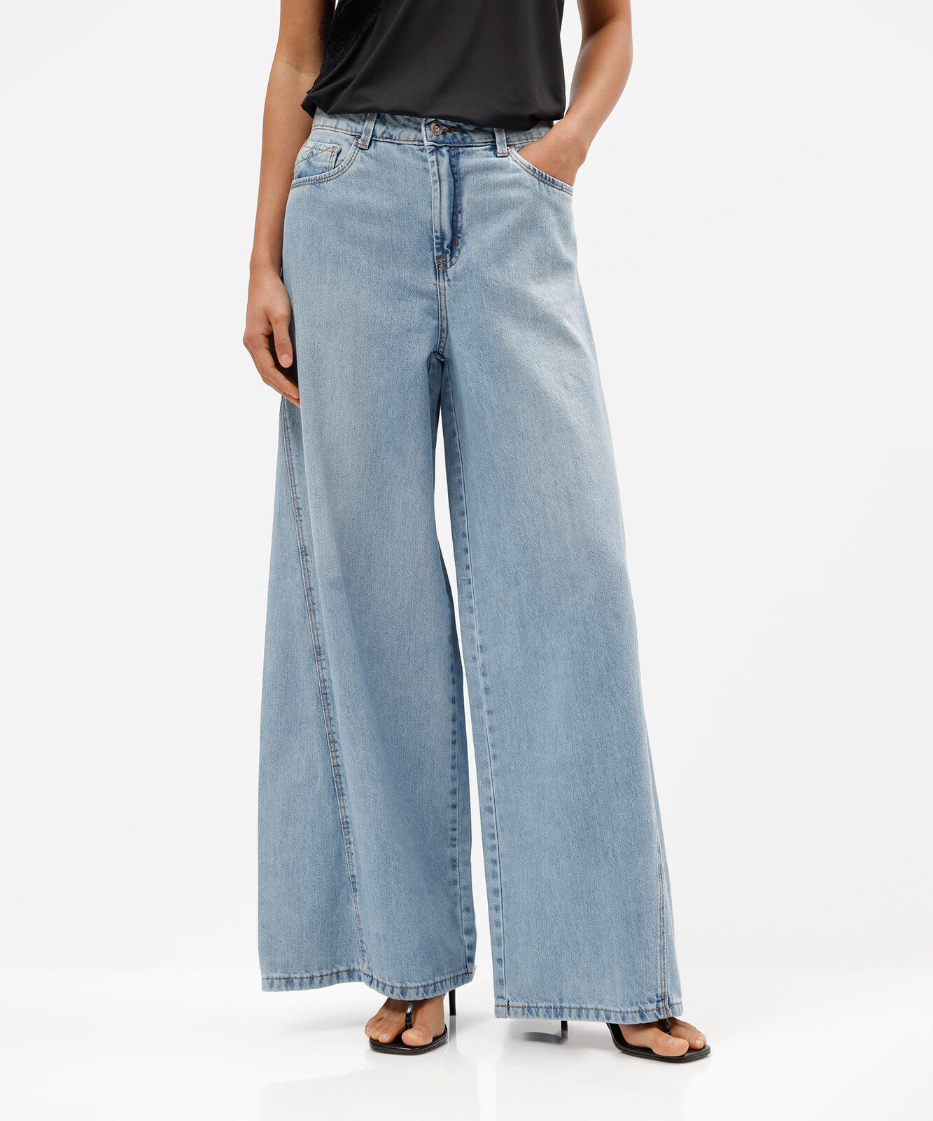 calça super wide leg feminina jeans cintura média azul