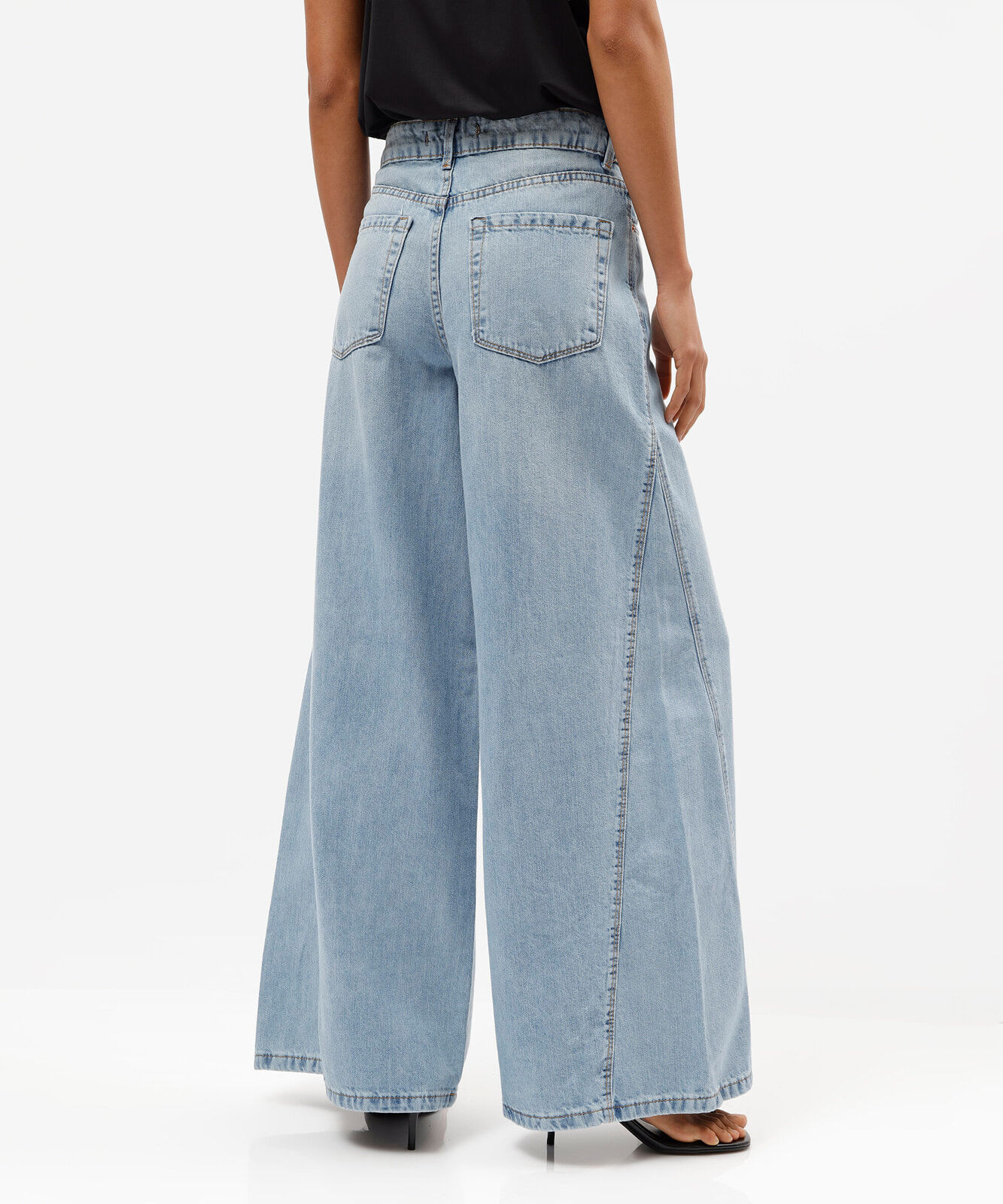 calça super wide leg feminina jeans cintura média azul