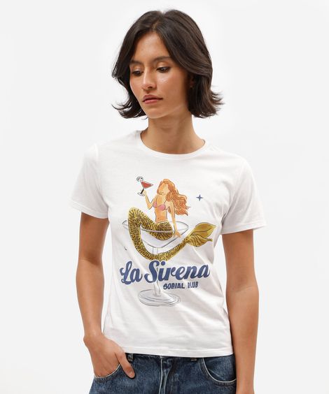 camiseta feminina de algodão manga curta estampada off white