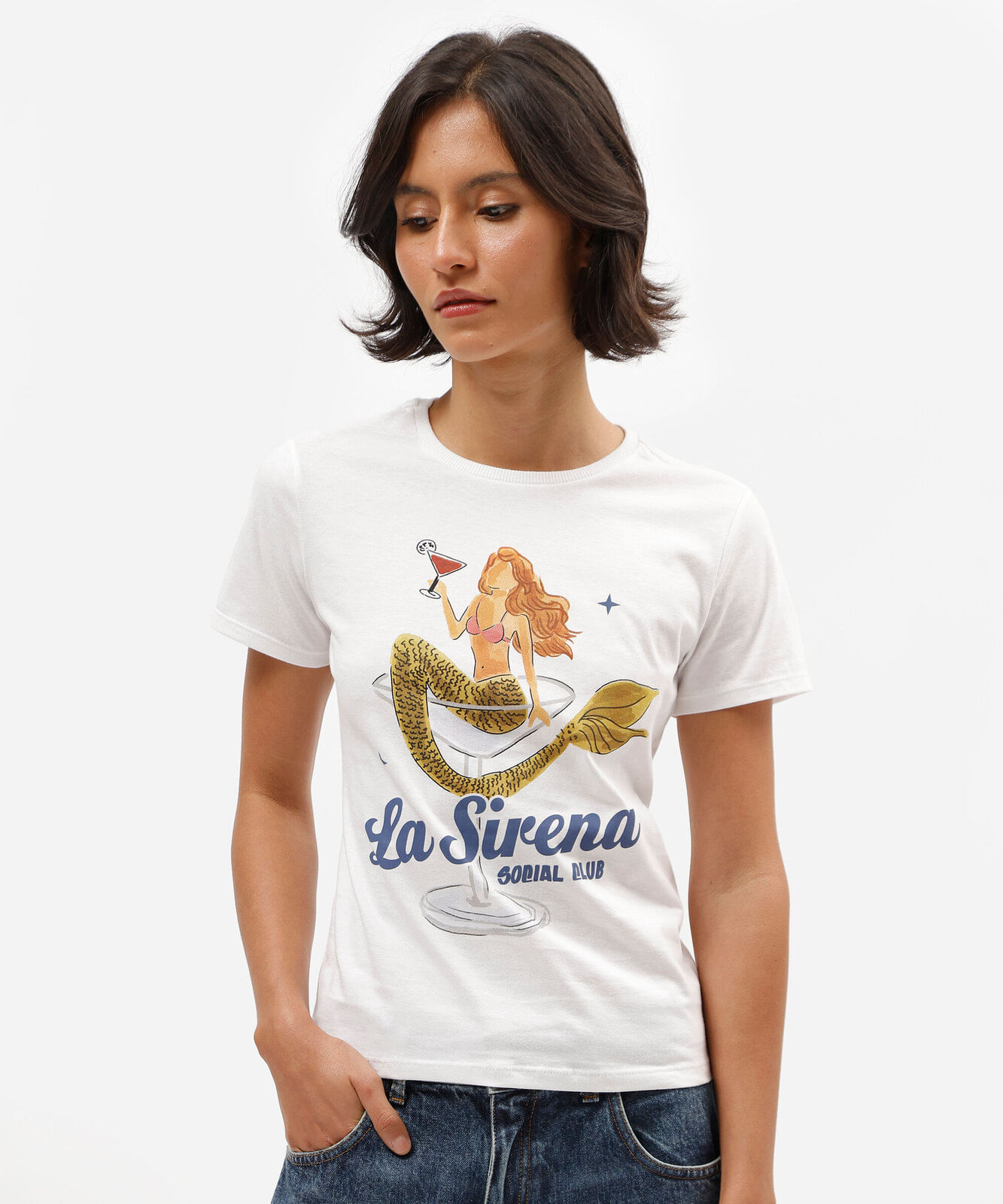 camiseta feminina de algodão manga curta estampada off white