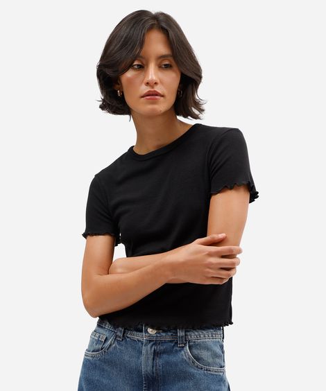 blusa baby look feminina manga curta canelada preta