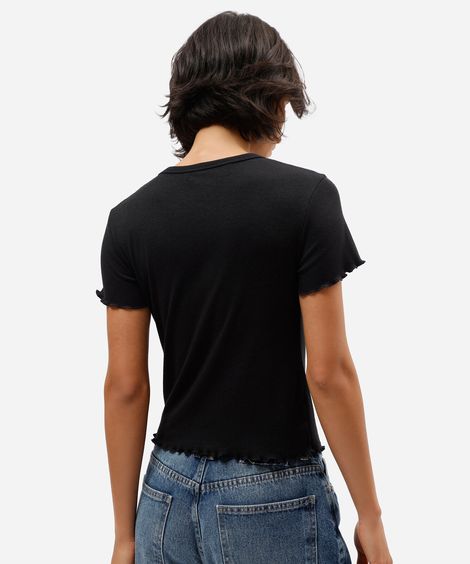 blusa baby look feminina manga curta canelada preta