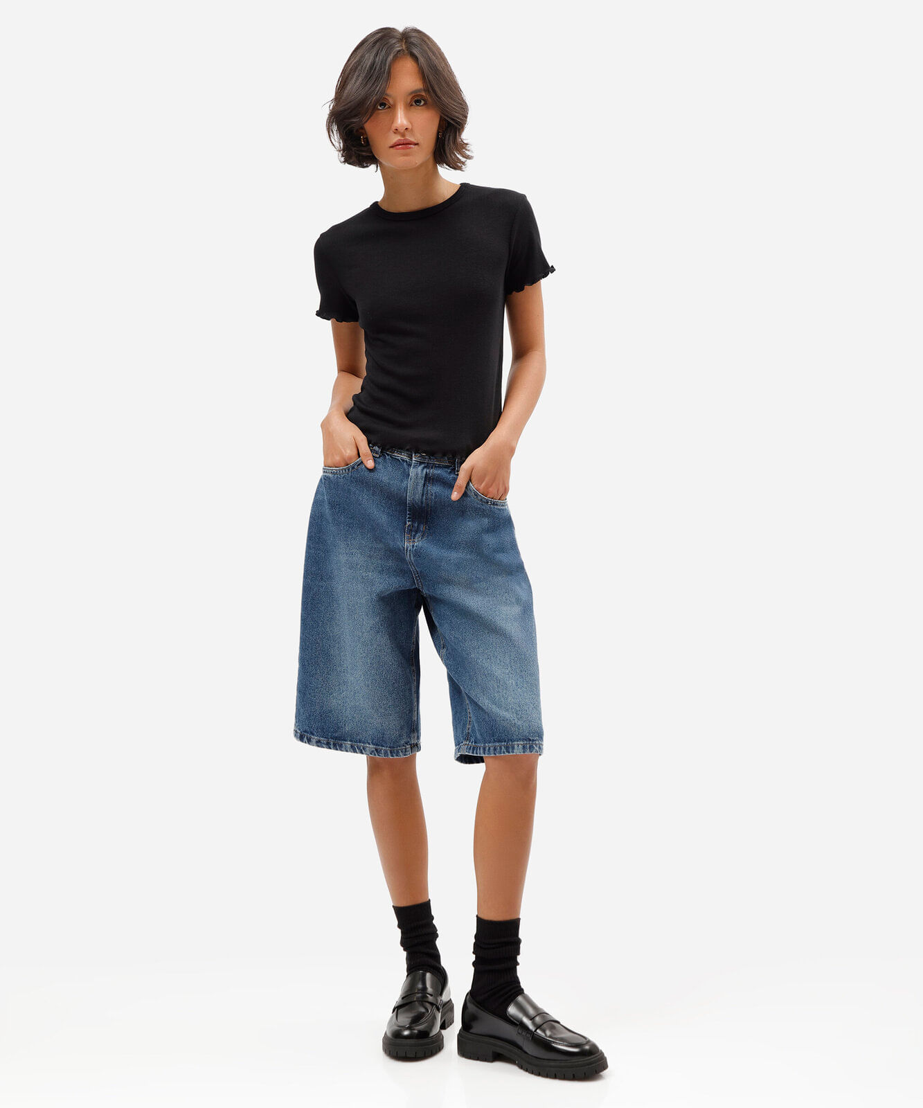 blusa baby look feminina manga curta canelada preta