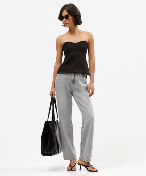 calça reta feminina jeans cintura média sawary cinza