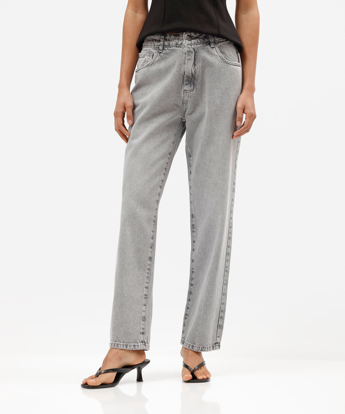 calça reta feminina jeans cintura média sawary cinza