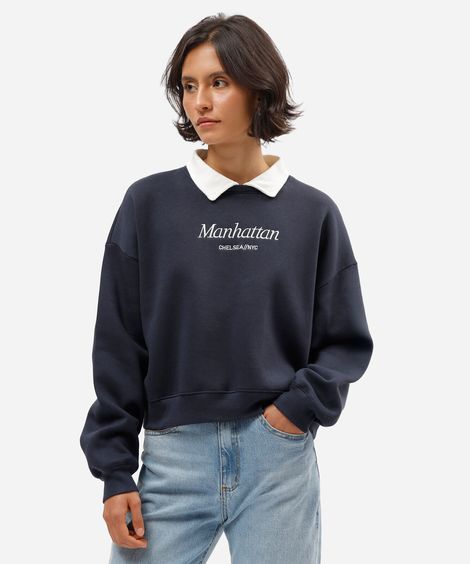 blusão feminino de moletom com gola e bordado azul