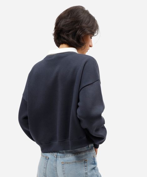 blusão feminino de moletom com gola e bordado azul