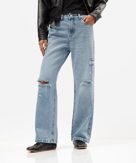 calça wide leg slim feminina jeans cintura baixa destroyed azul
