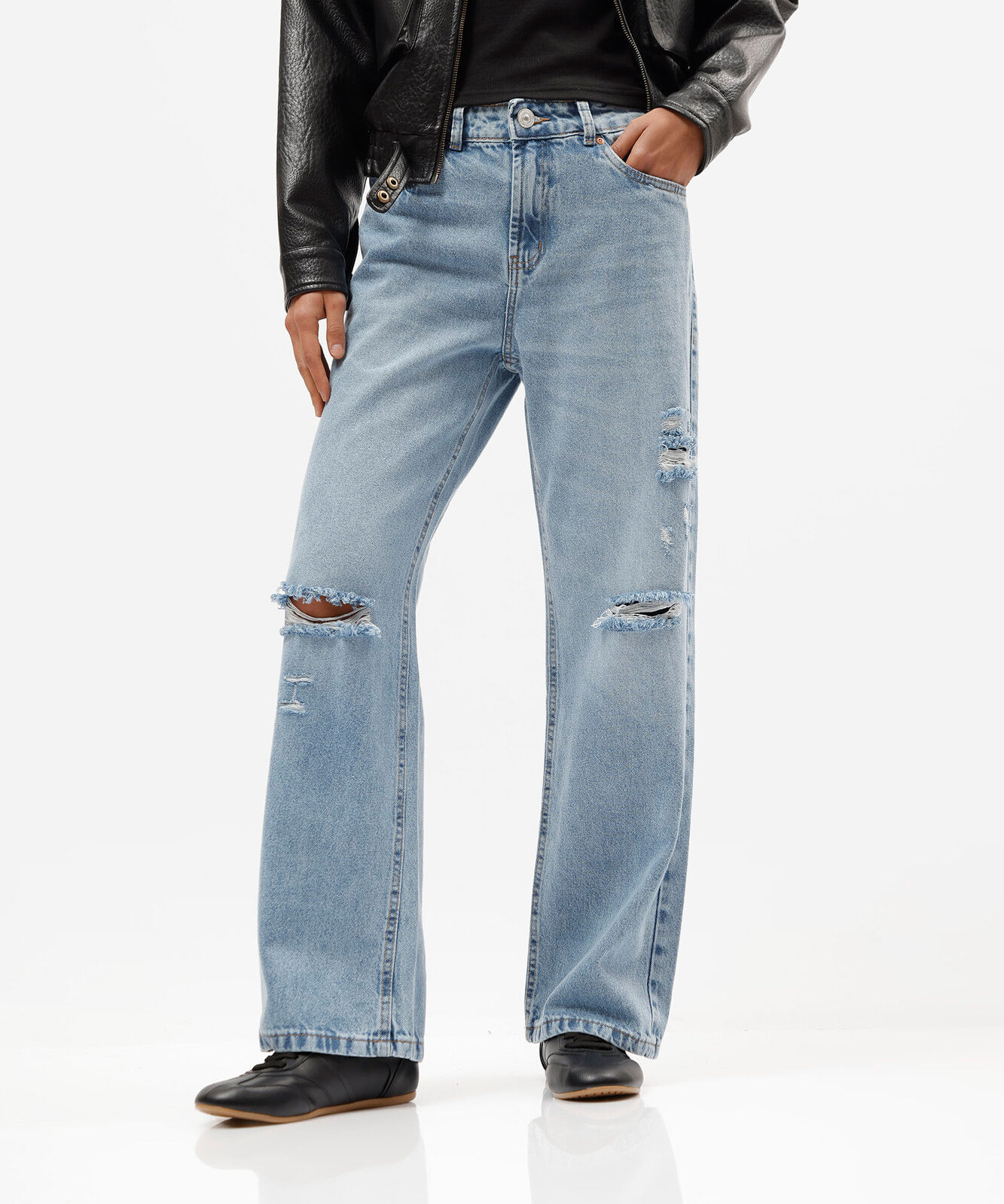calça wide leg slim feminina jeans cintura baixa destroyed azul