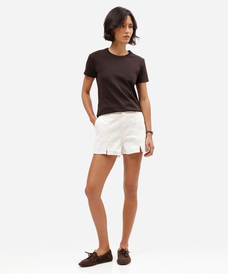short feminino de sarja com fendas cintura alta off white