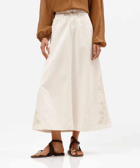 saia midi feminina de sarja com bordado floral off white