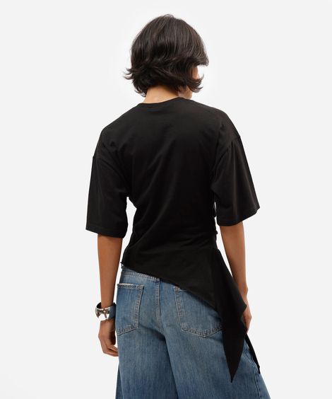 blusa feminina de algodão manga curta com pregas assimétrica preta