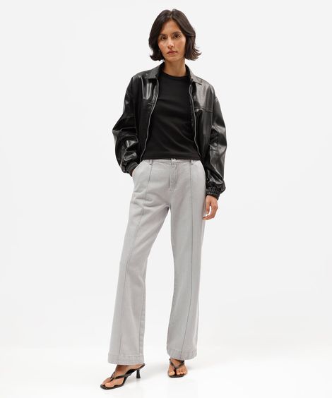 calça wide leg slim feminina jeans cintura média cinza