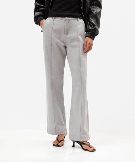 calça wide leg slim feminina jeans cintura média cinza