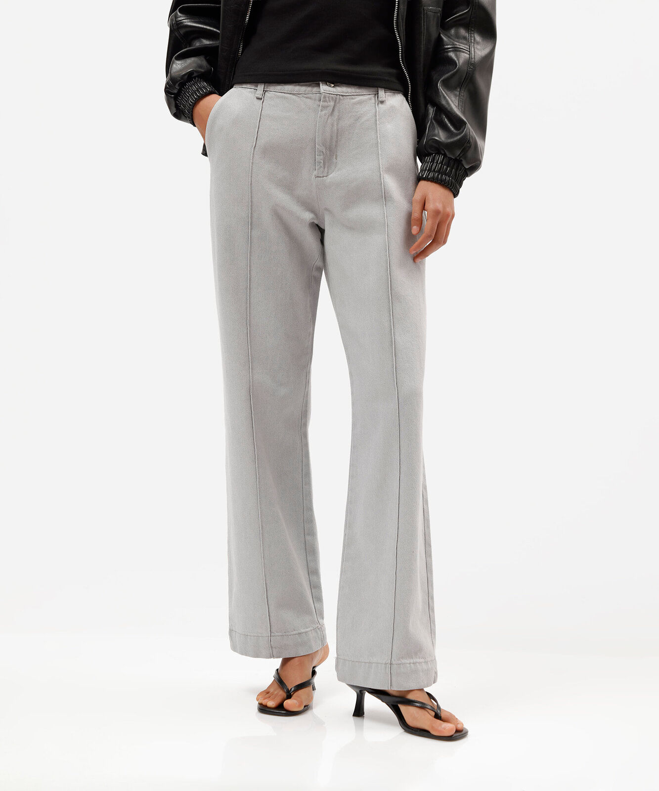 calça wide leg slim feminina jeans cintura média cinza