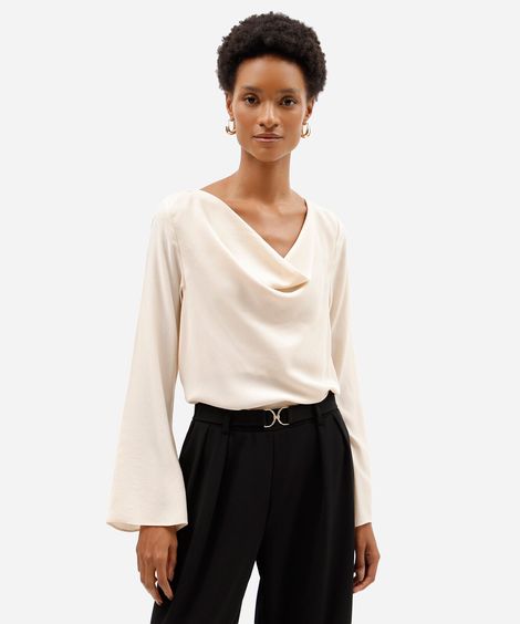 blusa feminina decote degagê manga longa acetinada bege