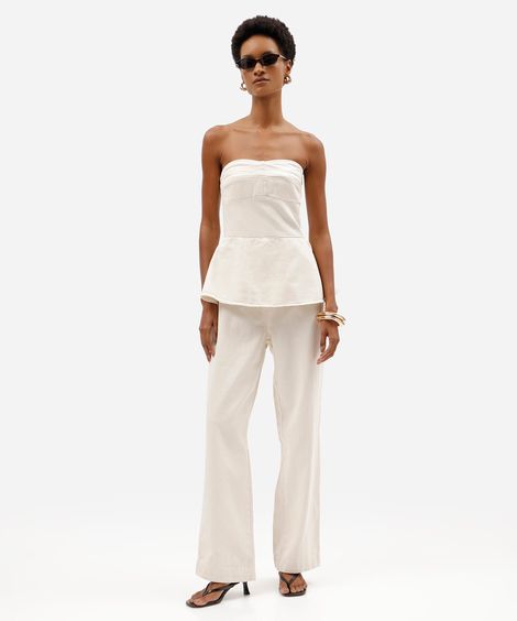 macacão peplum feminino de sarja sem alça off white