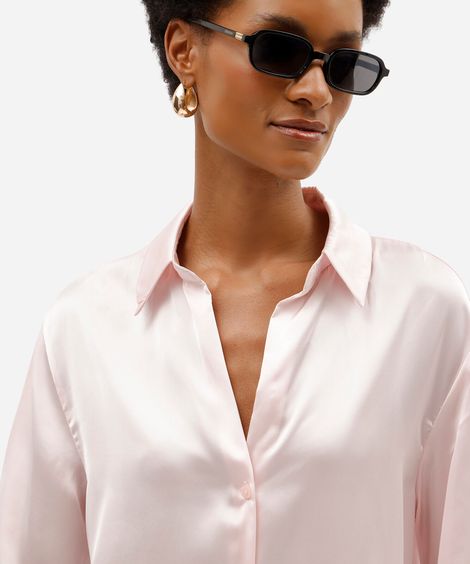 camisa feminina manga longa acetinada rosa
