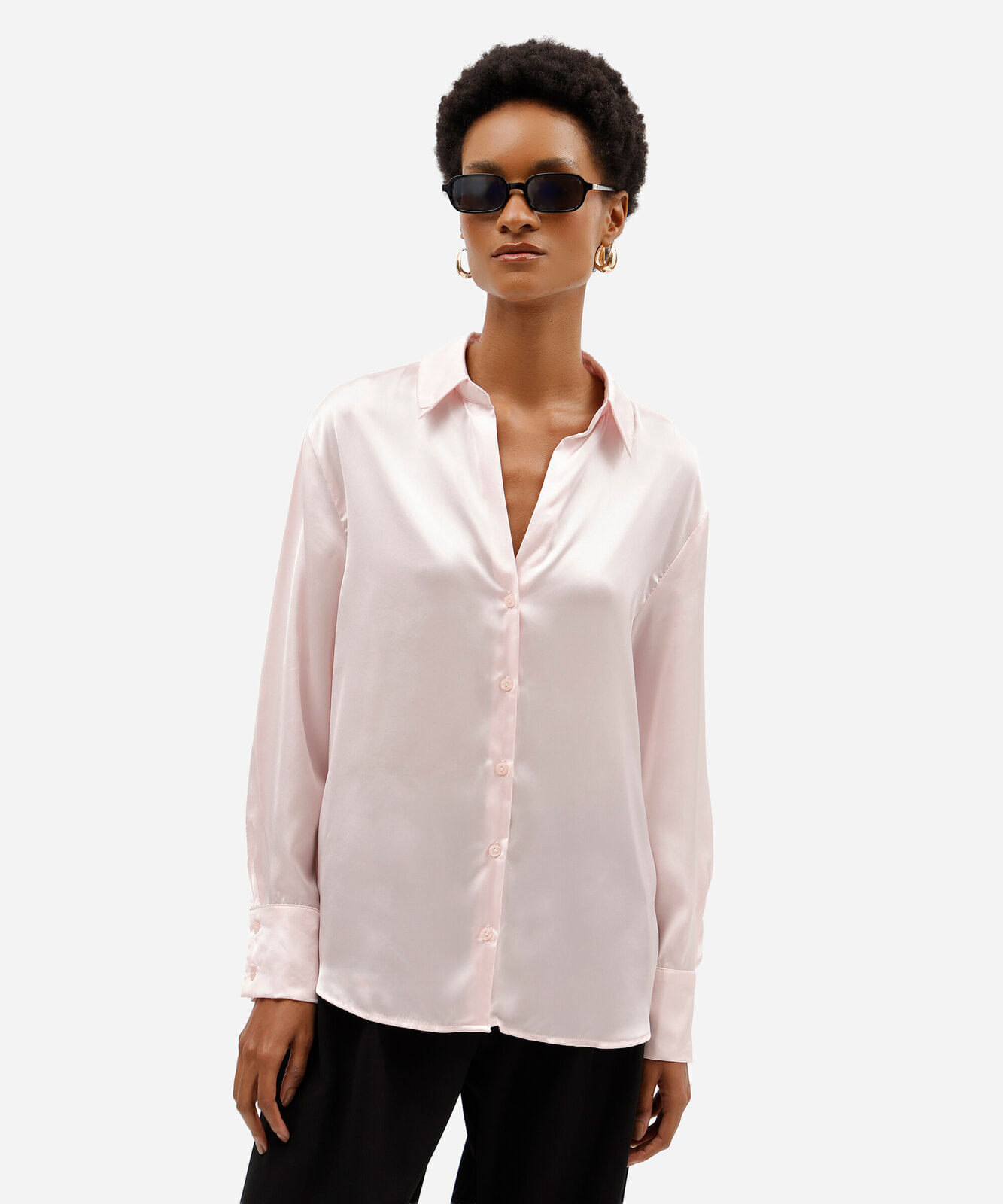 camisa feminina manga longa acetinada rosa