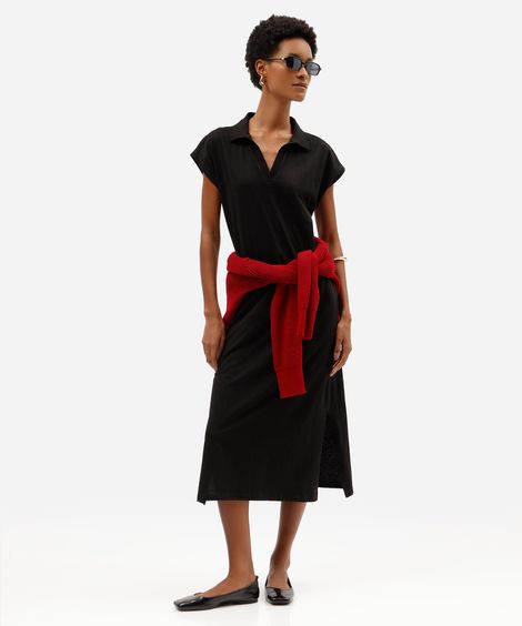 vestido midi feminino de algodão com gola e fendas manga curta preto