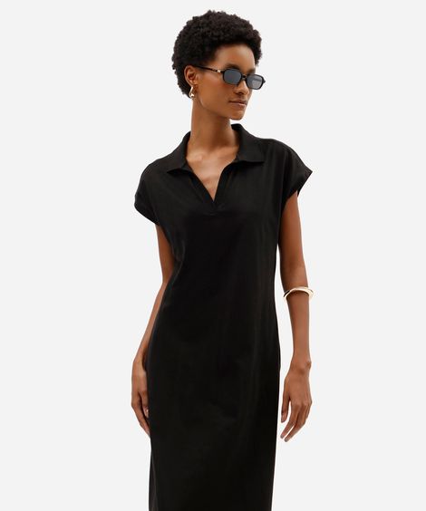 vestido midi feminino de algodão com gola e fendas manga curta preto