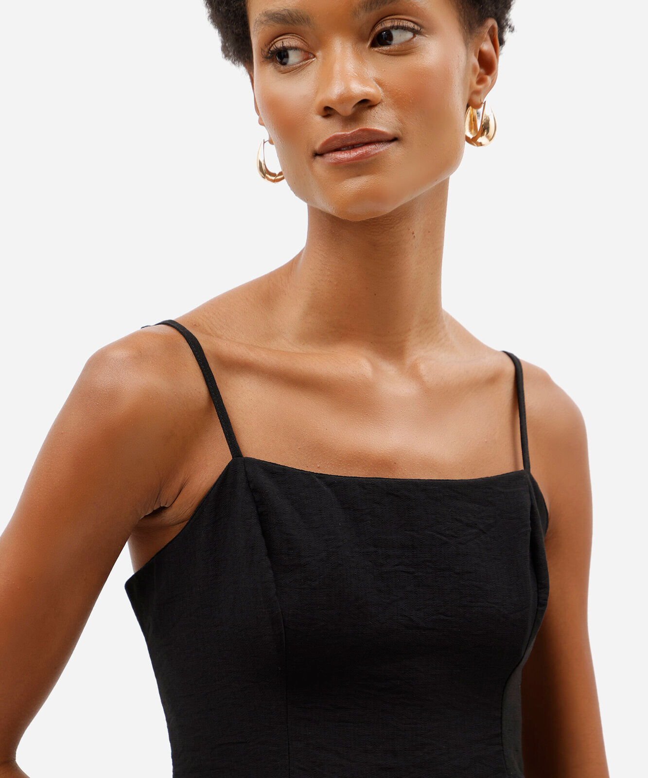 top peplum feminino de alças finas em tecido plano preta