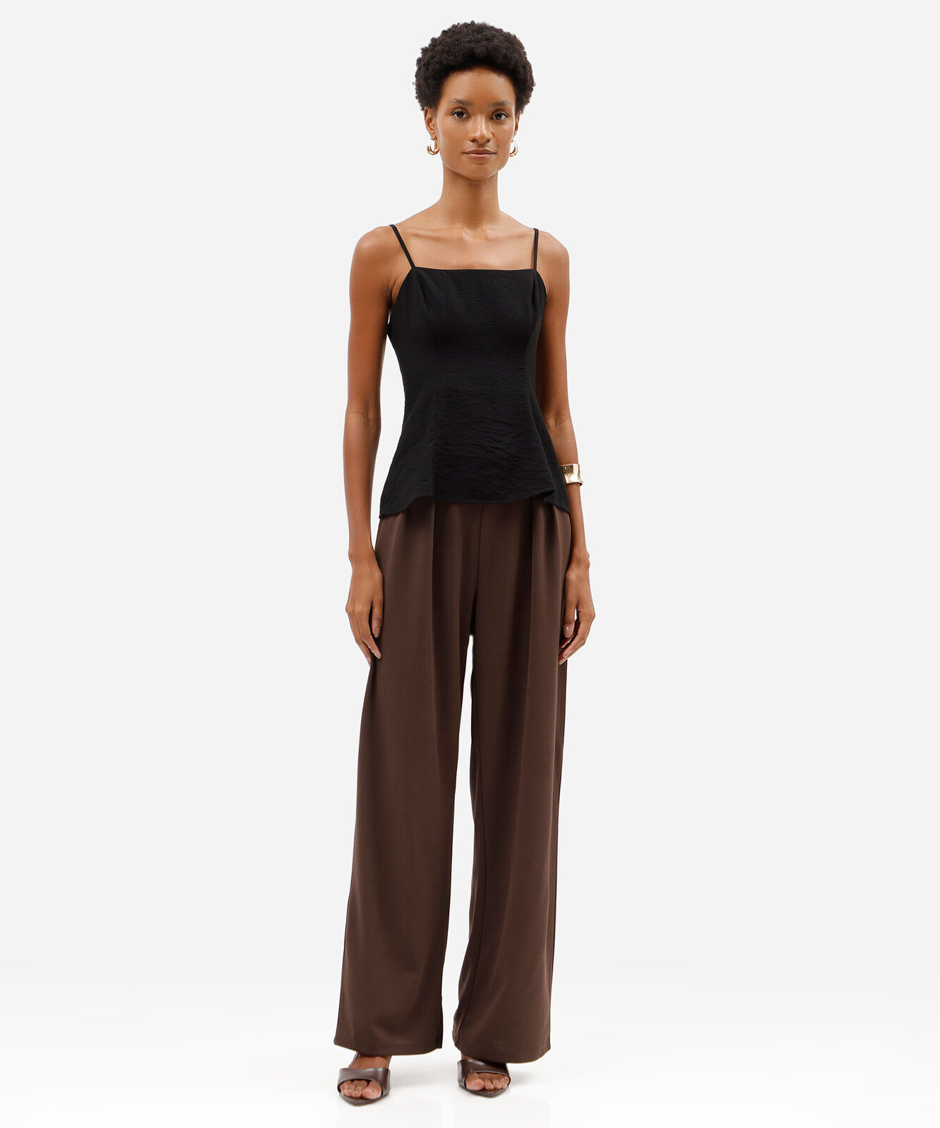 top peplum feminino de alças finas em tecido plano preta
