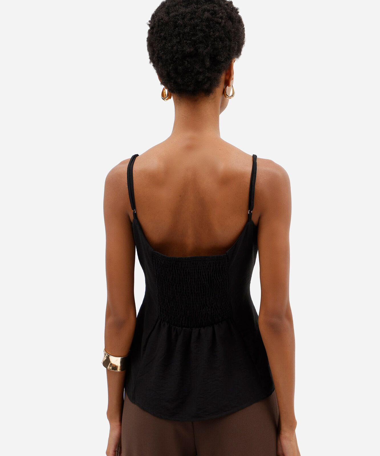 top peplum feminino de alças finas em tecido plano preta