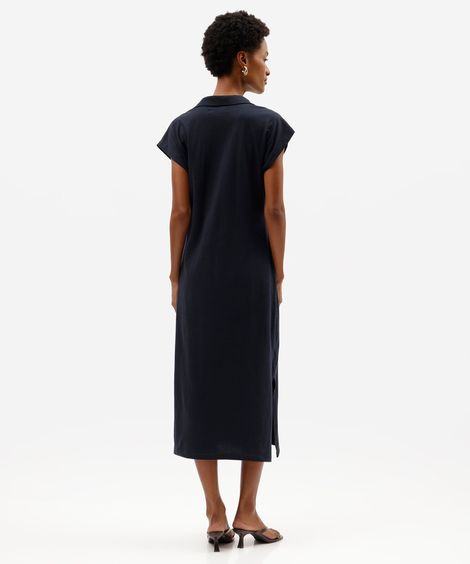 vestido midi feminino de algodão com gola e fendas manga curta azul