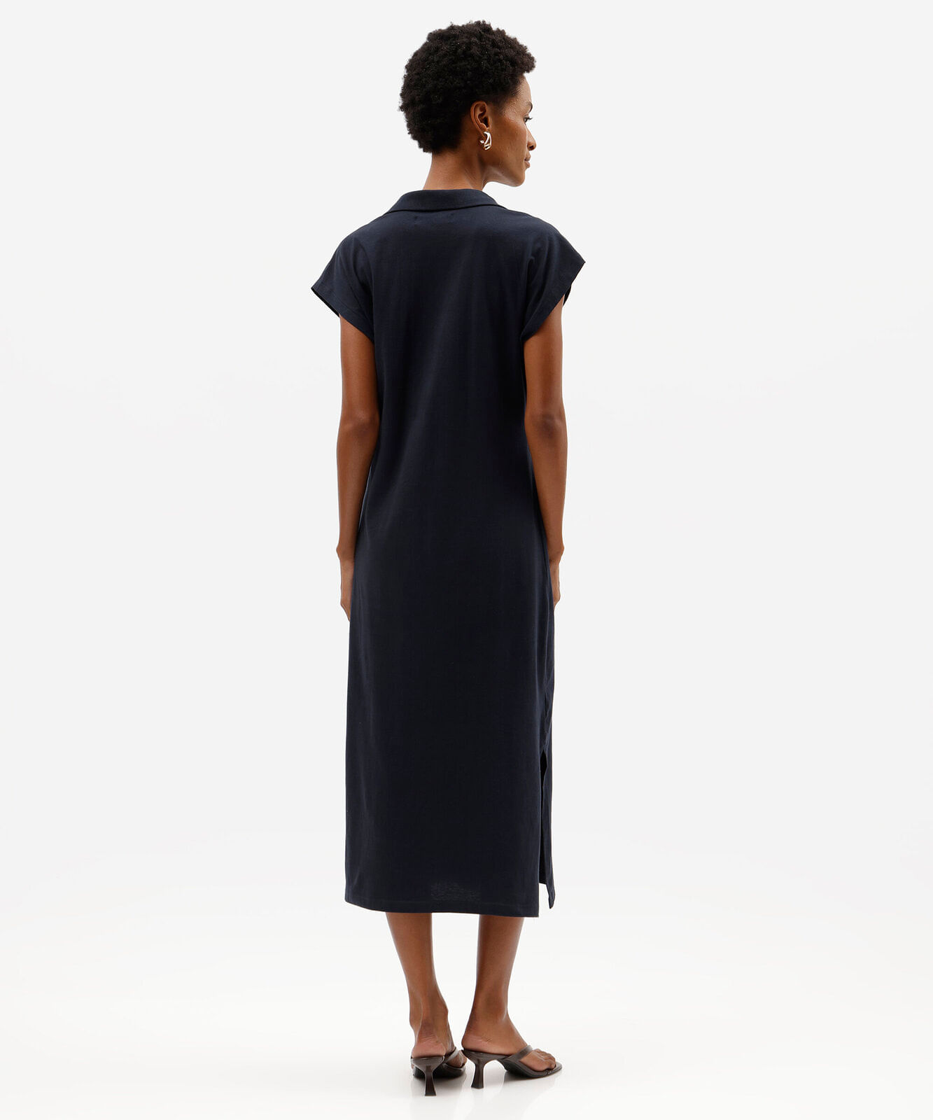 vestido midi feminino de algodão com gola e fendas manga curta azul