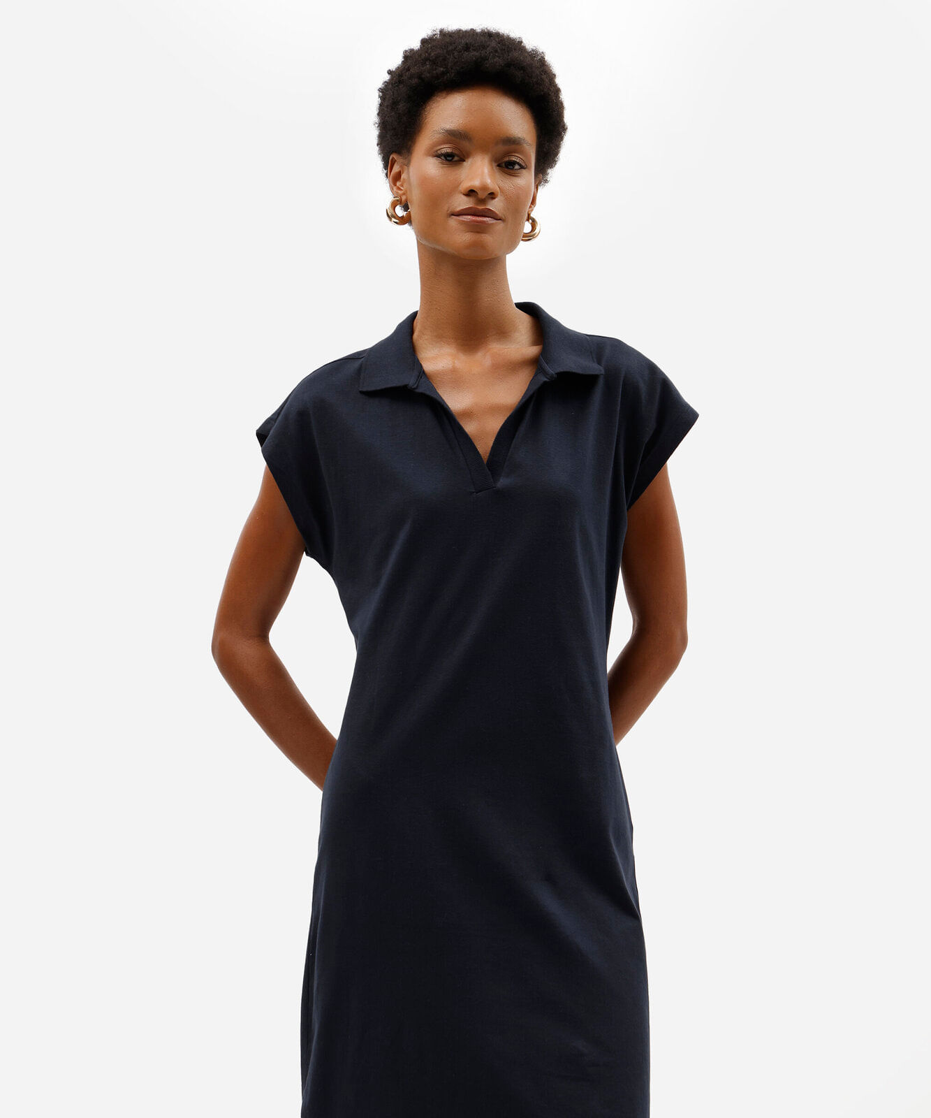 vestido midi feminino de algodão com gola e fendas manga curta azul
