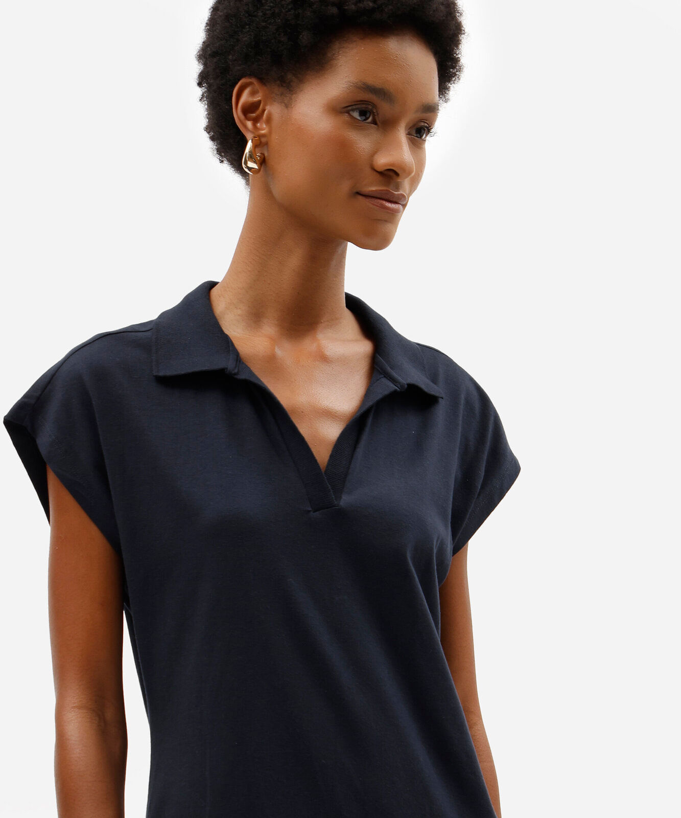 vestido midi feminino de algodão com gola e fendas manga curta azul